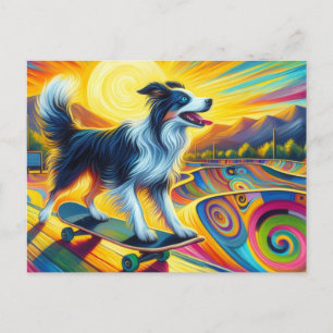 Cartão Postal Collie de Borda Surreal Colorido do Skateboard