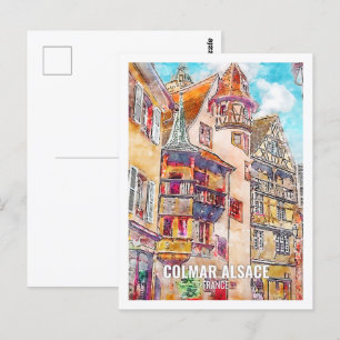 Cartão Postal Colmar Alsace França Local de Viagem Aquarela