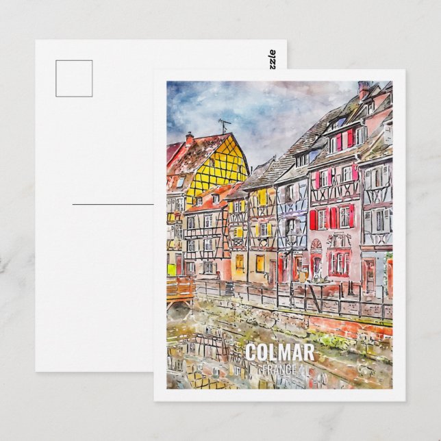 Cartão Postal Colmar França Viagem Place Watercolor (Frente/Verso)