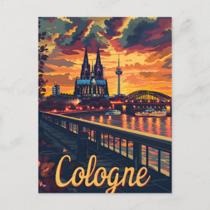 Cartão Postal Cologne Twilight: Catedral Silhouette no Reno