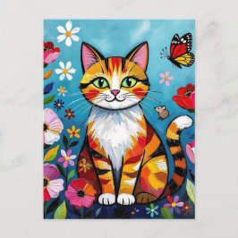 Cartão Postal Colorful Cat, Flowers and Butterfly