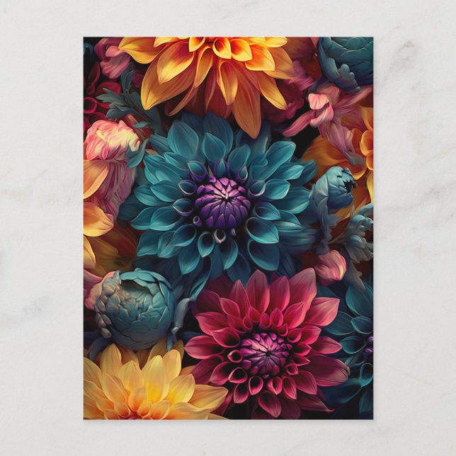 Cartão Postal colorful dahlia flowers in dark colors (Frente)