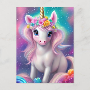 Cartão Postal Colorful Fantasy Kawaii Unicorn