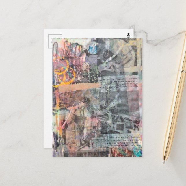 Cartão Postal Colorful Mixed Media Retro Woodworking Collage (Frente/Verso In Situ)