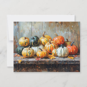 Cartão Postal Colorida Autumn Pumpkins sobre a Mesa russa
