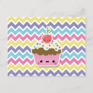 Cartão Postal Colorida Cupcake Kawaii sobre Chevrons