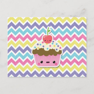 Cartão Postal Colorida Cupcake Kawaii sobre Chevrons
