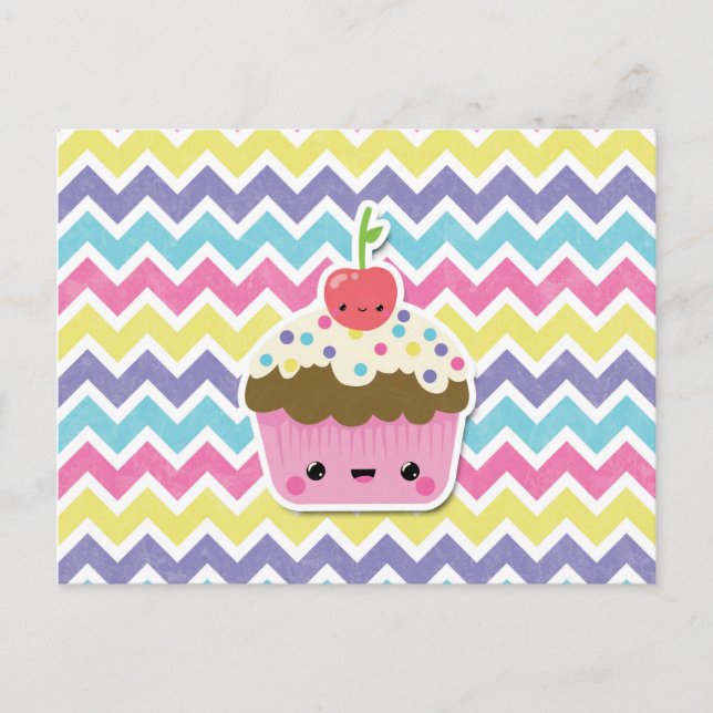 Cartão Postal Colorida Cupcake Kawaii sobre Chevrons (Frente)