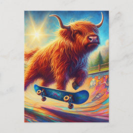 Cartão Postal Colorida Scottish Highland Cow Skateboard