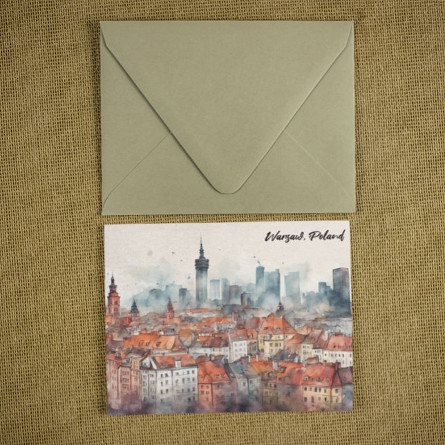 Cartão Postal Colorida Varsóvia Polônia Watercolor Skyline (warsaw poland panorama view postcard)