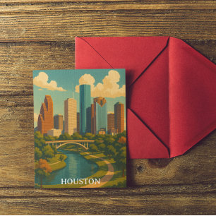 Cartão Postal Colorida Vintage Houston Texas Skyline