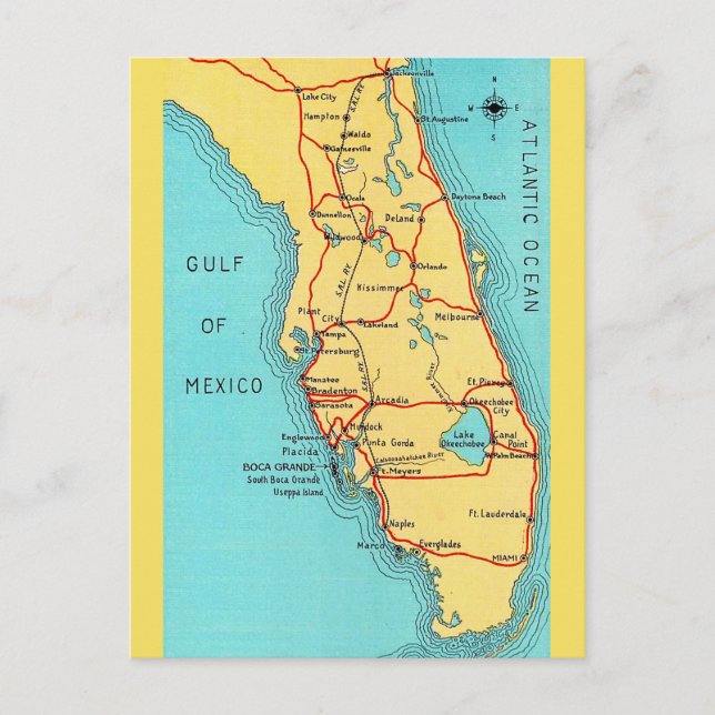 Cartão postal colorido do mapa antigo da Flórida (Frente)