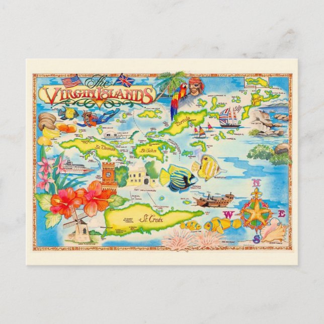 Cartão postal colorido do mapa das Ilhas Virgens (Frente)