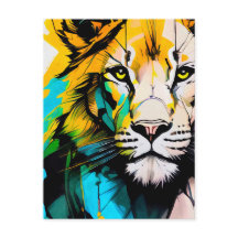 Colorido Leão azul e amarelo piercing olhos 5x7"