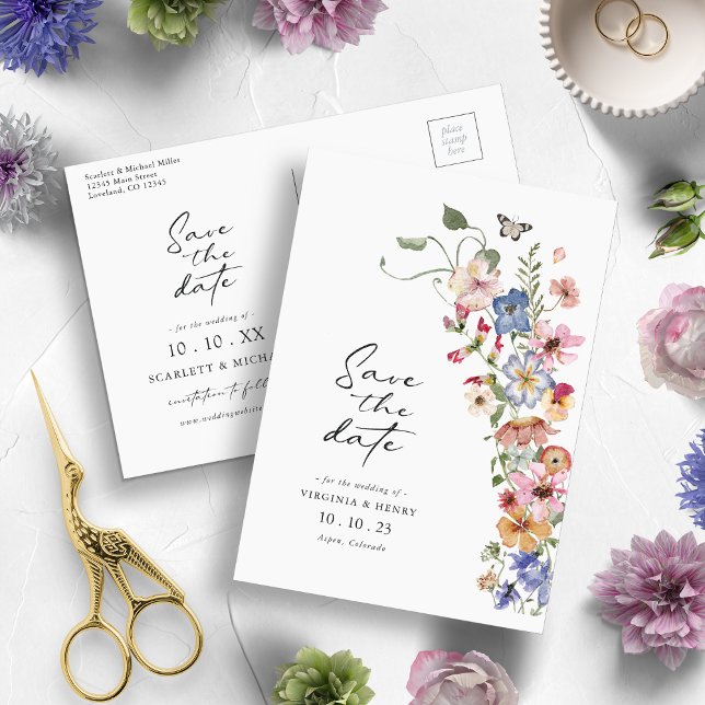 Cartão Postal Colorido Salve A Data (Watercolor Colorful Wildflower Save The Date Postcard by Painted Paperie)