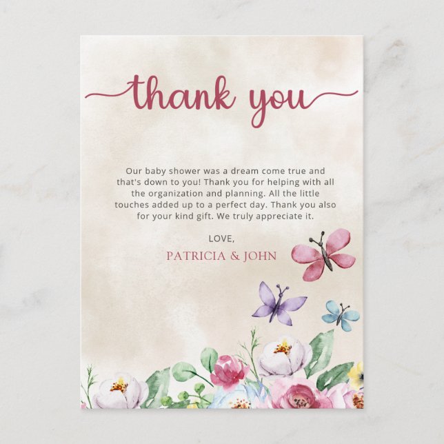 Cartão Postal Colorir Borboletas Chá de fraldas Obrigado (Frente)