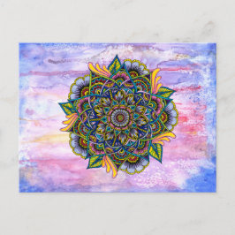 Cartão Postal Colorir Mandala de Verão com Fundo de Aquarela