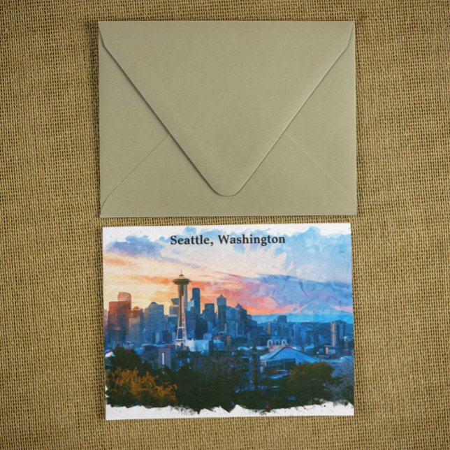 Cartão Postal Colorir Seattle Washington Skyline (Seattle Washington City View Postcard)