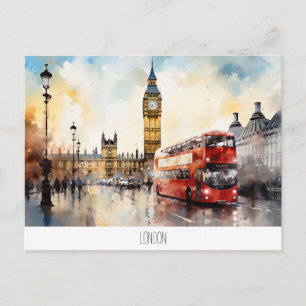 Cartão postal com Big Ben e ônibus vermelho em Lon