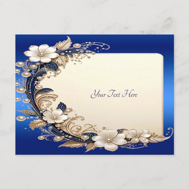 Cartão postal com enfeite floral branco azul (Frente)