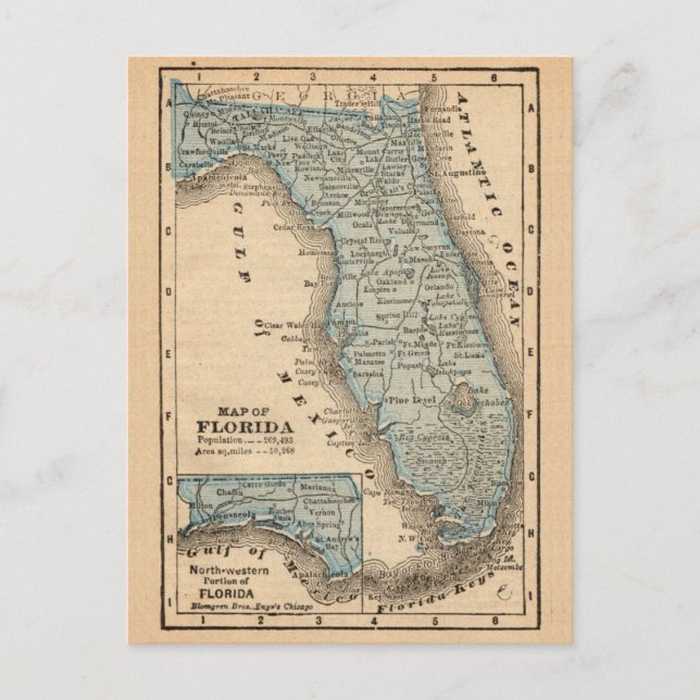 Cartão postal com mapa antigo da Flórida (Frente)