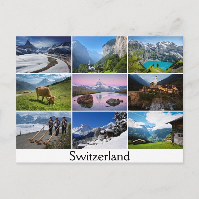 Cartão postal com paisagens e o texto: Suíça (Frente)