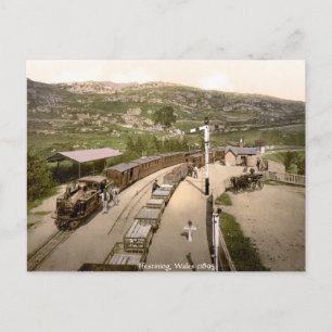 Cartão Postal Comboio antigo, estação ferroviária de Ffestiniog