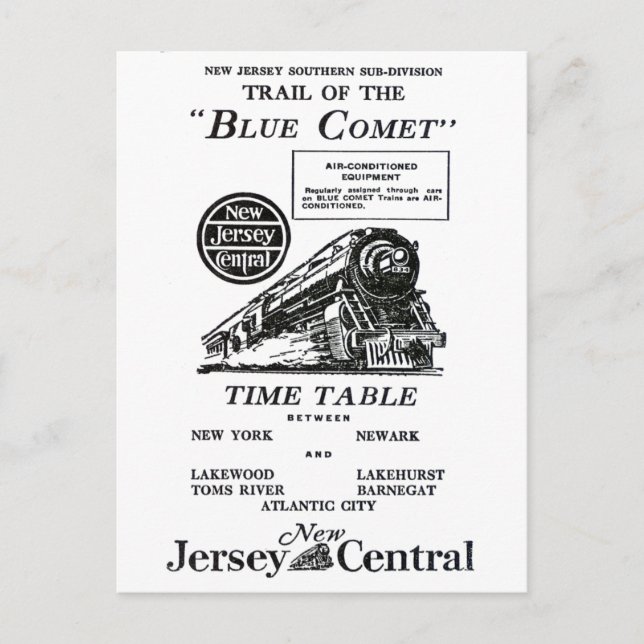 Cartão Postal Comboio Central Blue Comet de Nova Jersey (Frente)