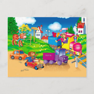 Cartão Postal comboio e carro