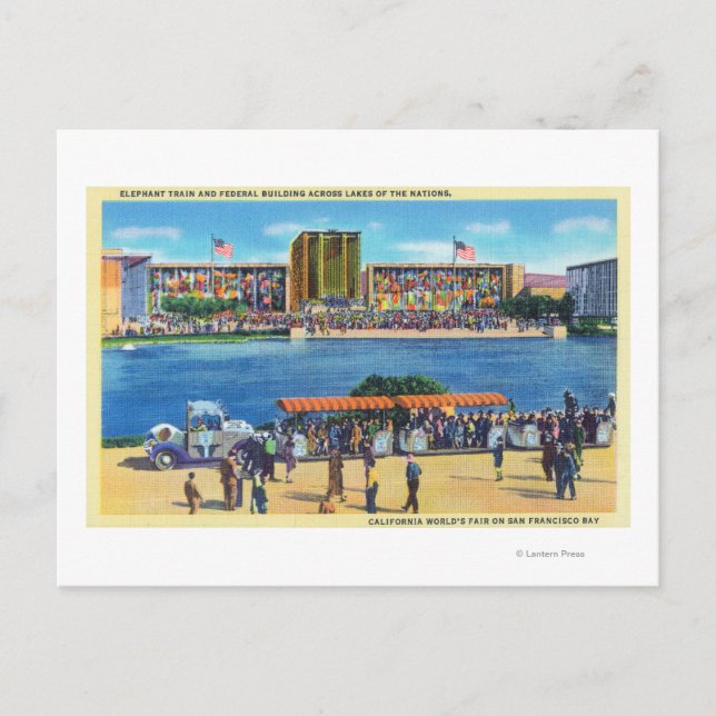 Cartão Postal Comboio Elefante e Bldg Federal, Feira do Mundo CA (Frente)