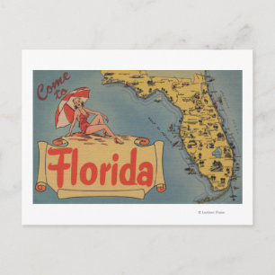 Cartão Postal Come to Florida Map of the State, Pin-Up Girl