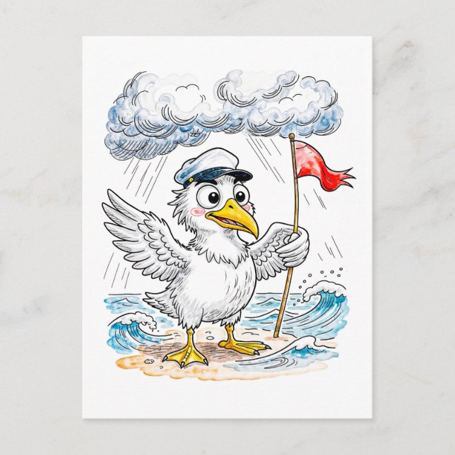 Cartão Postal Comic Bird Beach Wind Check Postcard (Frente)