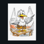 Cartão Postal Comic Bird Shipyard Worker<br><div class="desc">A hardworking coastal bird assists in shipyard duties,  surrounded by tools,  planks and maritime equipment. This comic‑style illustration blends nautical craftsmanship with playful charm,  perfect for fans of coastal industry themes and quirky character art.</div>