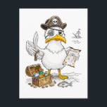 Cartão Postal Comic Pirate Bird Treasure Hunt<br><div class="desc">A bold pirate bird guards a wooden chest while studying an old treasure map. This comic‑style illustration blends coastal adventure with playful humor,  perfect for maritime décor,  quirky character art and fans of imaginative seaside stories.</div>