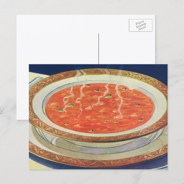 Cartão Postal Comida Antiga, Tigela Quente de Sopa de Tomate com (Frente/Verso)
