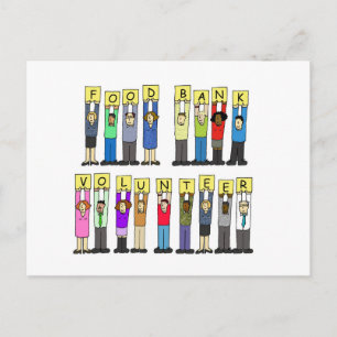 Cartão Postal Comida Bank Volunteer, Grupo de Cartoon.