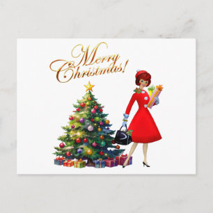 Cartão Postal Compras de Natal da Senhora Vintage de 1950   