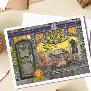 Cartão Postal Compro de Gato e Livro do Halloween