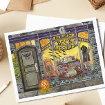 Cartão Postal Compro de Gato e Livro do Halloween<br><div class="desc">Esta pintura de compro de livros do Halloween foi criada como a página de outubro de uma série de fileiras de fileiras. Apresentando uma vitrine de loja de livros assustadora, mas fofa, cheio de decoração com fezes, livros de assombrações, abóboras esculpidas, feitiços mágicos, e um gatinho de cinza adormecido, A...</div>
