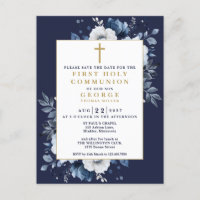 Comunhão Solene Floral Azul Marinho Save The Date