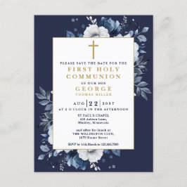 Cartão Postal Comunhão Solene Floral Azul Marinho Save The Date