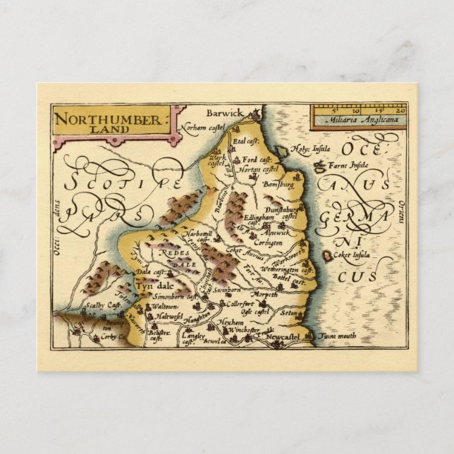 Cartão Postal Condado de Northumberland Inglaterra Mapa Antigo A (Frente)