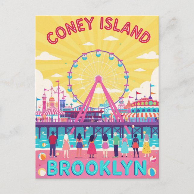Cartão Postal Coney Island Brooklyn Retro Poster (Frente)