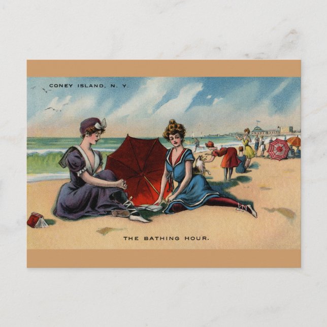 Cartão Postal Coney Island NY 1909 Beach Scene (Frente)