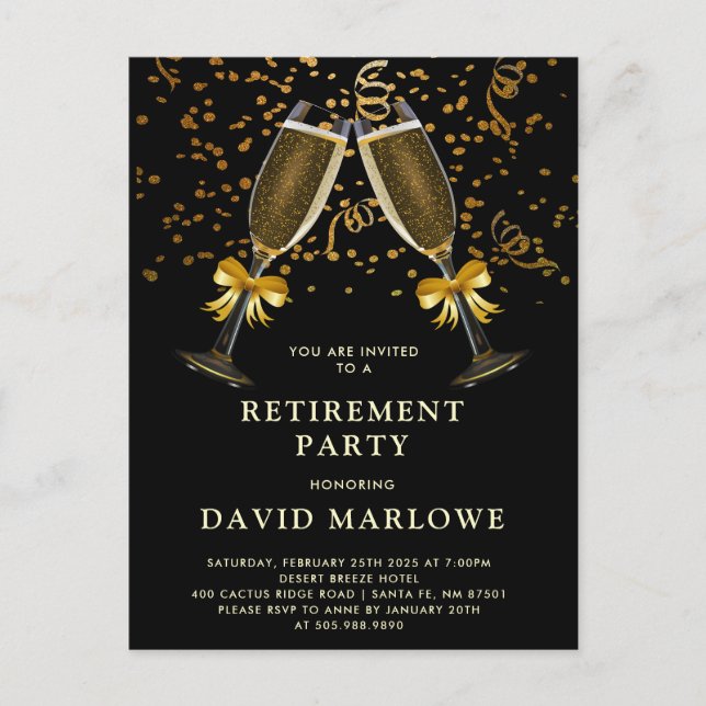 Cartão Postal Confete de Champanhe Preto DouradoBrilho (Frente)