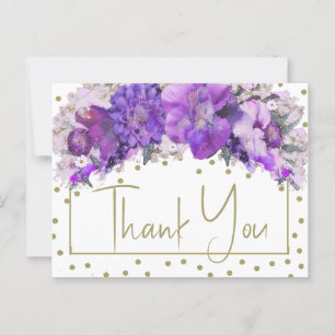 Cartão Postal Confete Dourado Floral Obrigado Roxo