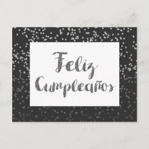 Cartão Postal Confetes Prateados e Feliz Cumpleanos com Brilho