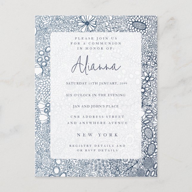 Cartão Postal Confirmação de Comunhão de Jardim Azul marinho (Frente)