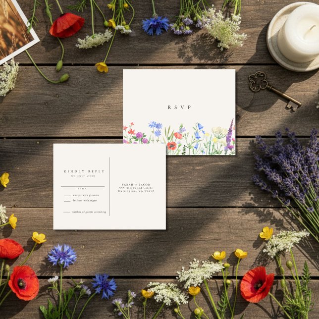 Cartão Postal Confirmação de Presença para Casamento em Prado Rú (Rustic Wildflower Meadow Wedding RSVP Postcard)