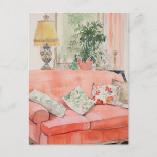 Cartão Postal Conforto Rosado – Sofá Rosa Aquarela Sala de Estar